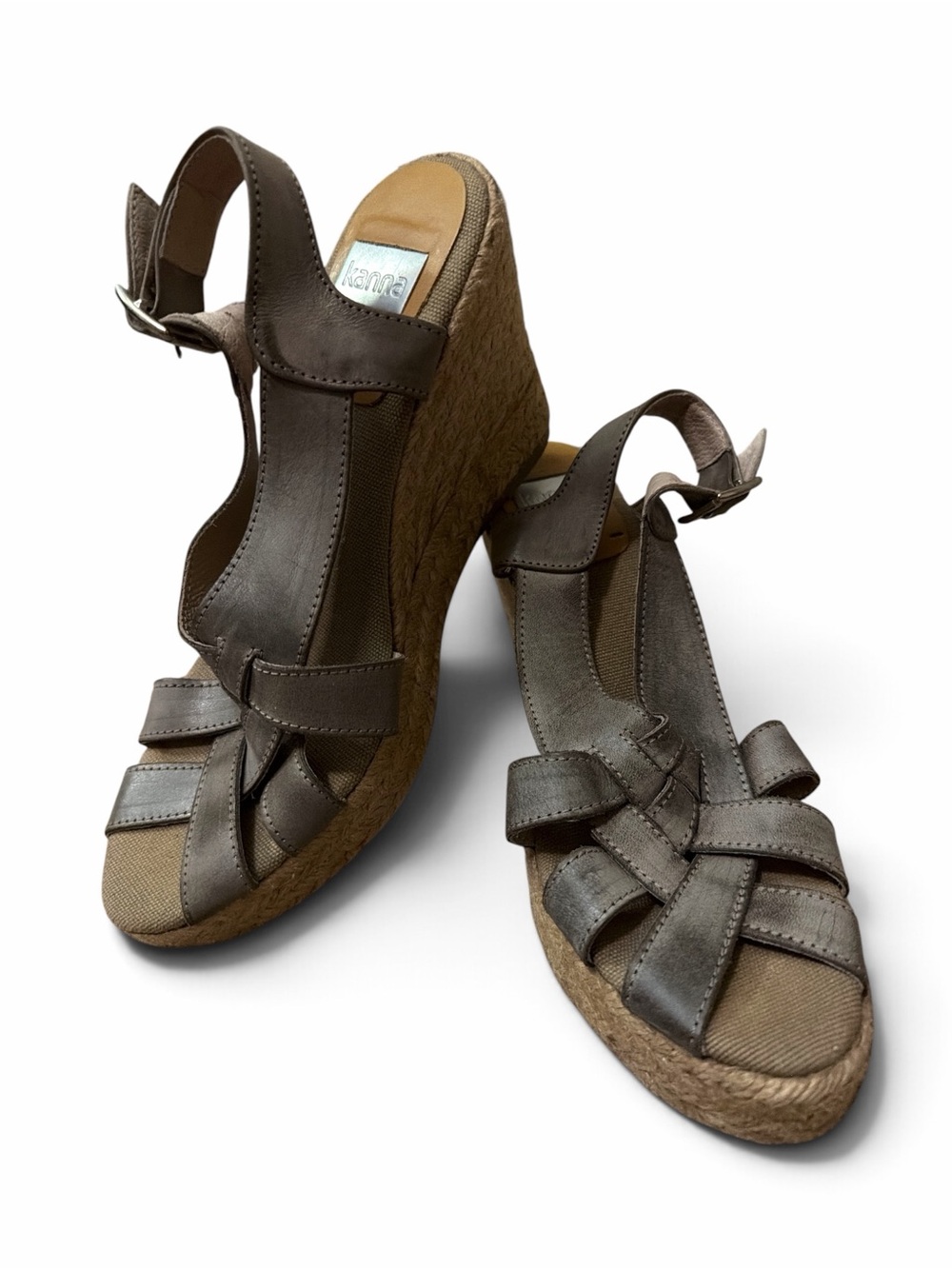 Kanna Made in Spain Metallic Pewter Leather Espadrille Wedge Sandals 39